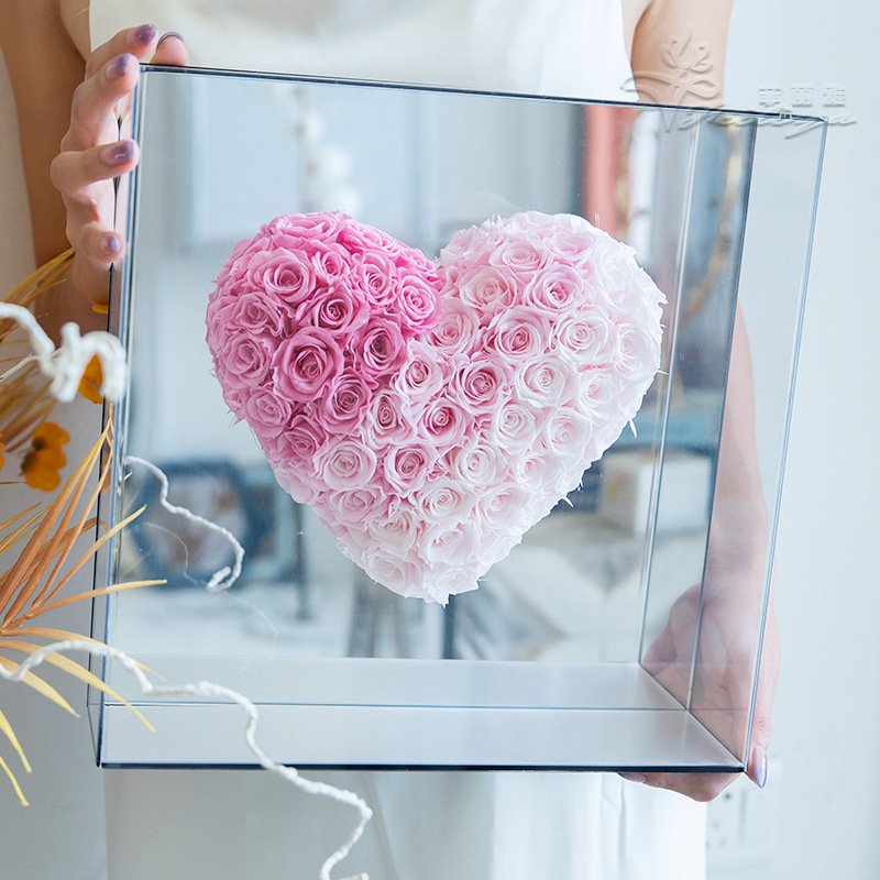 Hot sell Girlfriend Gift Eternal Preserved Heart-shaped Roses in Square Acrylic Box Mirror Surface