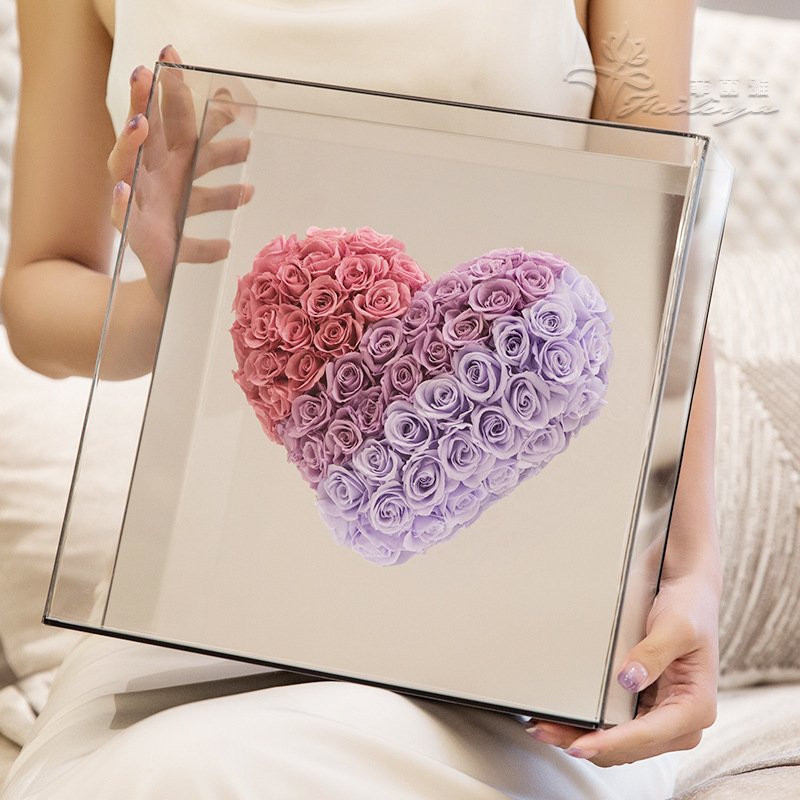 Hot sell Girlfriend Gift Eternal Preserved Heart-shaped Roses in Square Acrylic Box Mirror Surface