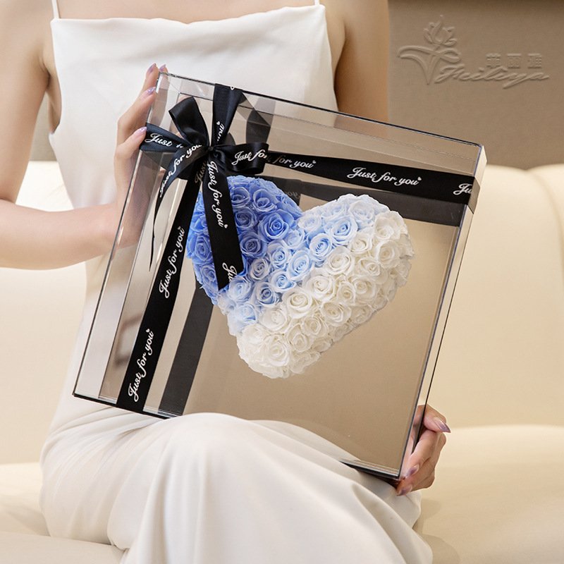 Hot sell Girlfriend Gift Eternal Preserved Heart-shaped Roses in Square Acrylic Box Mirror Surface