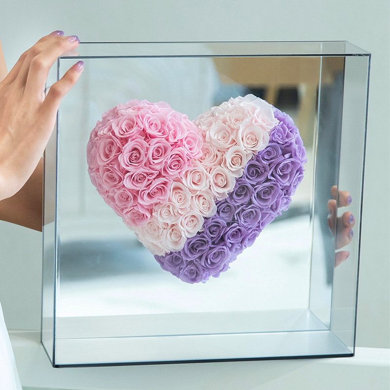 Hot sell Girlfriend Gift Eternal Preserved Heart-shaped Roses in Square Acrylic Box Mirror Surface