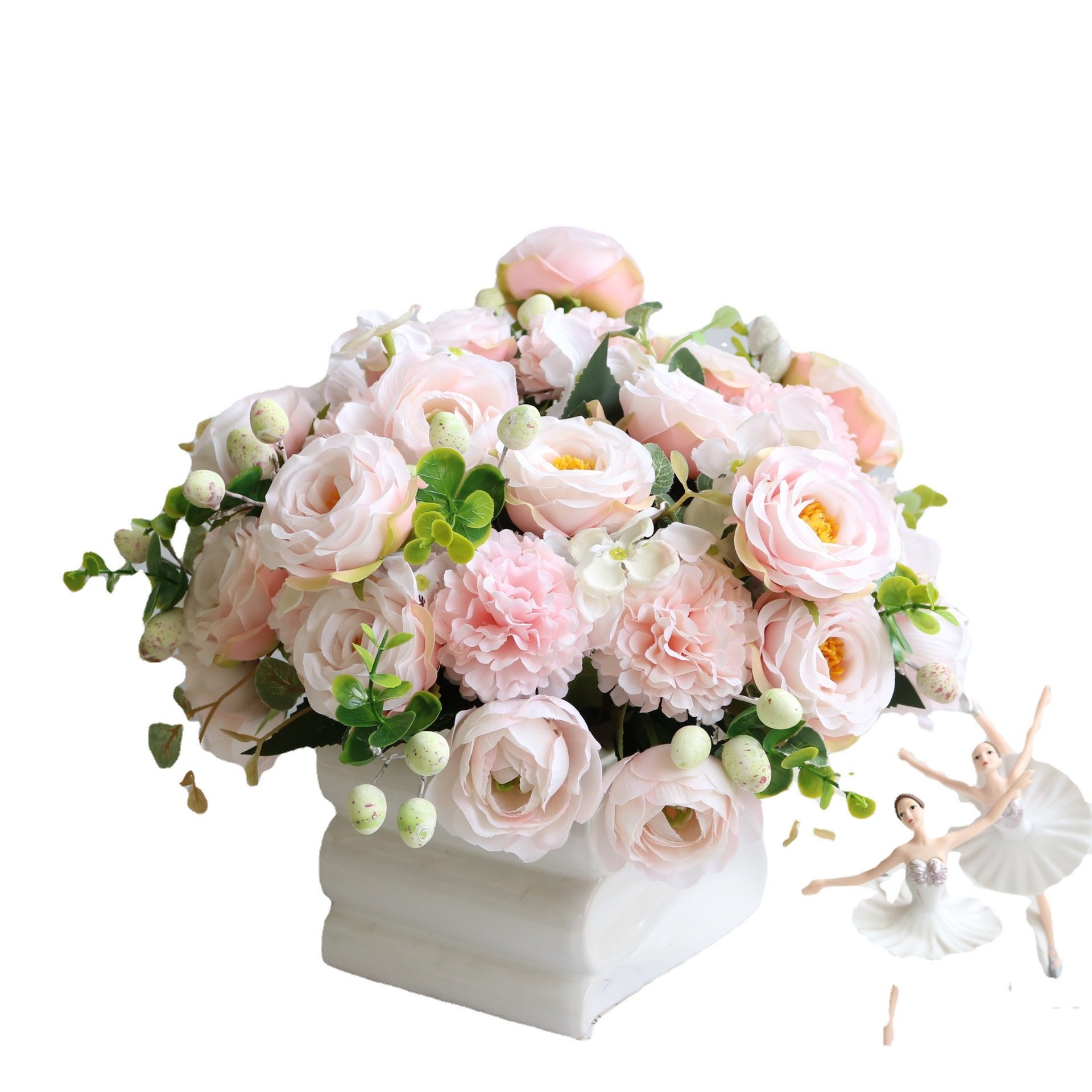 O-X836 Wholesale White Pink Artificial Rose Flower Bundle High Quality Wedding Bridal Silk Mini Flower Bouquet for Table Decor