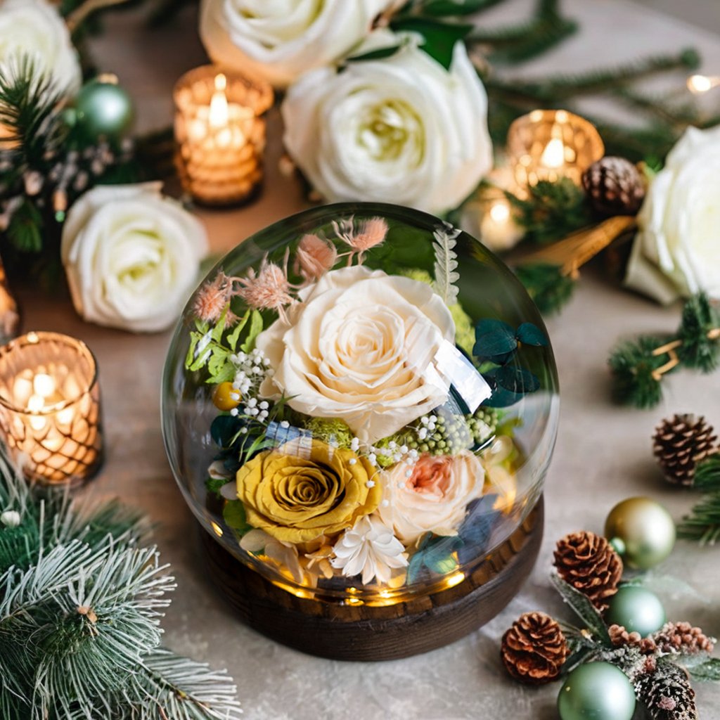 Christmas Day Chinese New Year Preserved Rose Gift Glass Cover Natural Everlasting Forever Flowers with LED Wholesale Sales