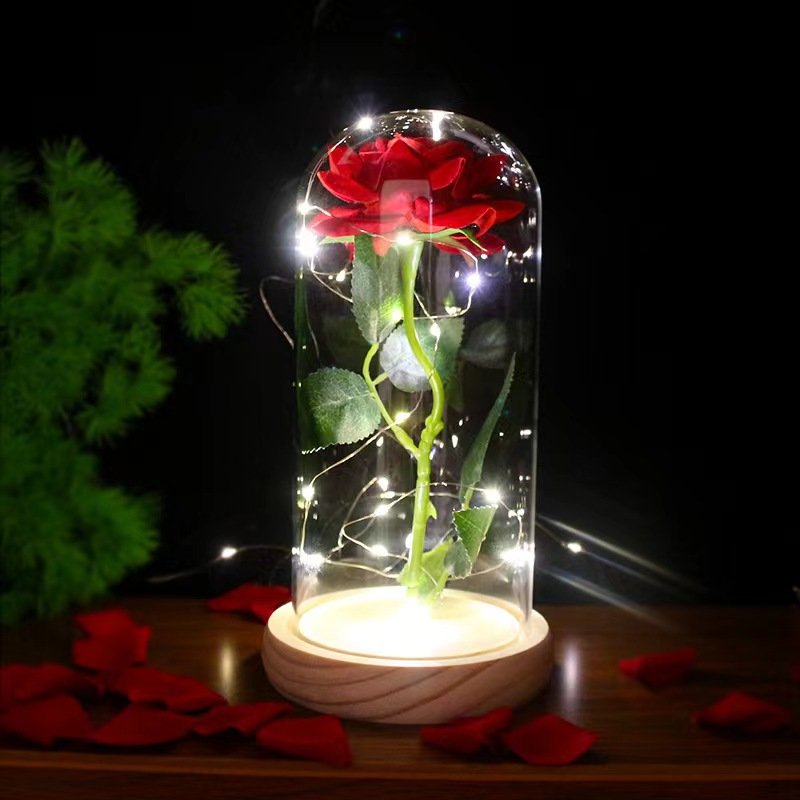 Valentines Day Gift 2024 hot selling high quality artificial rose in glass dome led Valentines Day Gift