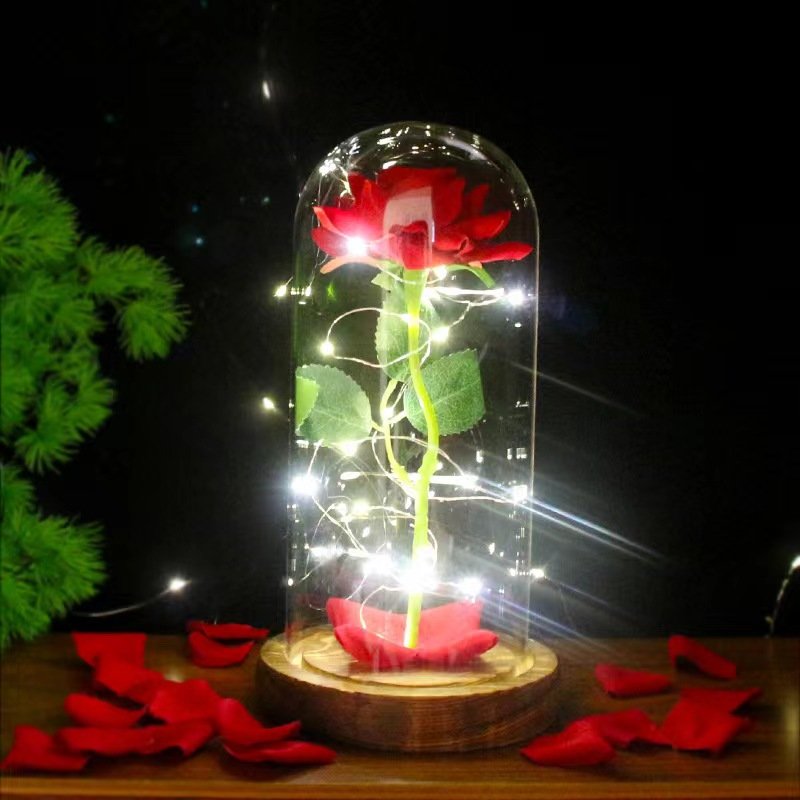 Valentines Day Gift 2024 hot selling high quality artificial rose in glass dome led Valentines Day Gift