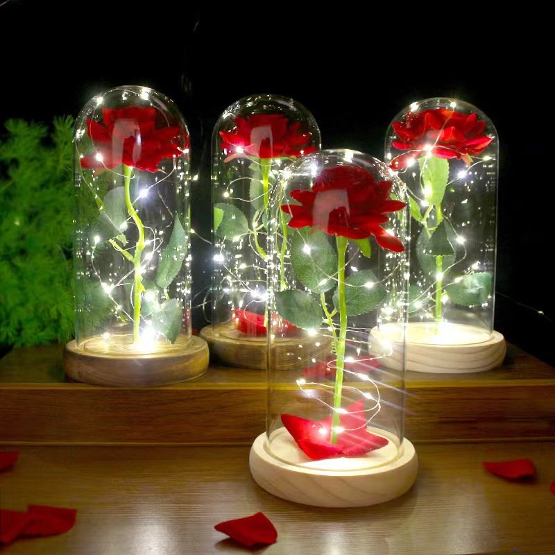 Valentines Day Gift 2024 hot selling high quality artificial rose in glass dome led Valentines Day Gift