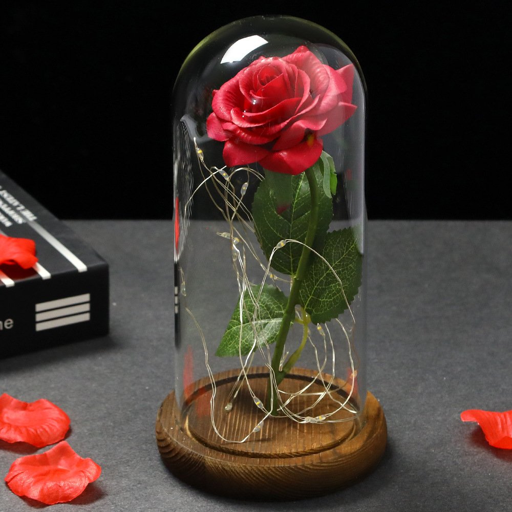 Hot Selling Wholesale Forever Rose Gift Artificial Rose In Glass Dome With LED For Room Decoration New Year Christmas
