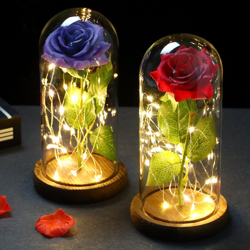 Hot Selling Wholesale Forever Rose Gift Artificial Rose In Glass Dome With LED For Room Decoration New Year Christmas