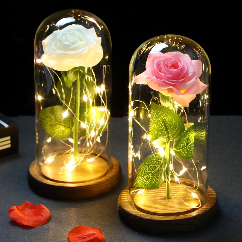 Hot Selling Wholesale Forever Rose Gift Artificial Rose In Glass Dome With LED For Room Decoration New Year Christmas