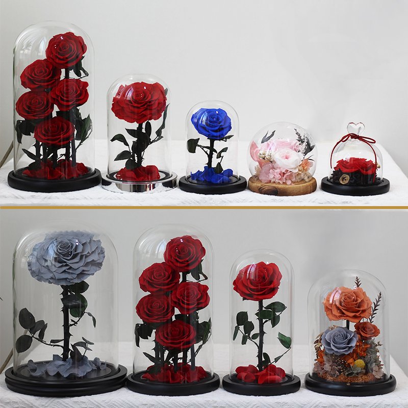 Real Rose Valentine's Day Long Stem Forever Roses Preserved Flower with Mirror Base Handmade Natural Eternal Roses in Glass Dome