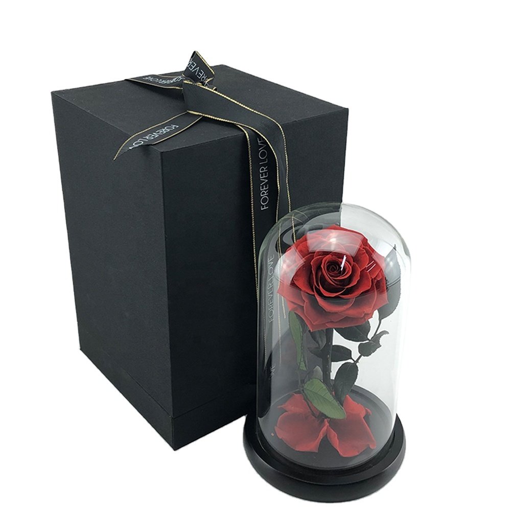 Factory Wholesale Valentines Day Gifts Glass Dome Belle Enchanted Preserved Forever Roses in Glass Dome New Year Gift Box