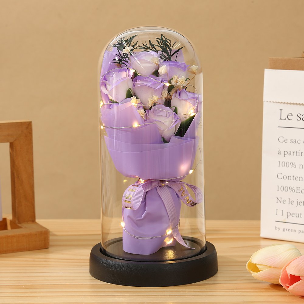 2024 New Eternal Flower Fat Soap Flower Glass Dome Acrylic Dome Bell with LED Light