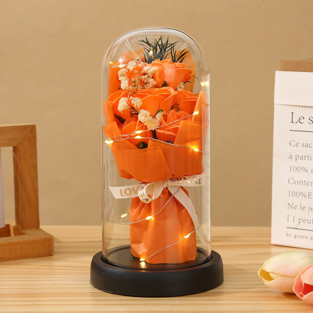 2024 New Eternal Flower Fat Soap Flower Glass Dome Acrylic Dome Bell with LED Light