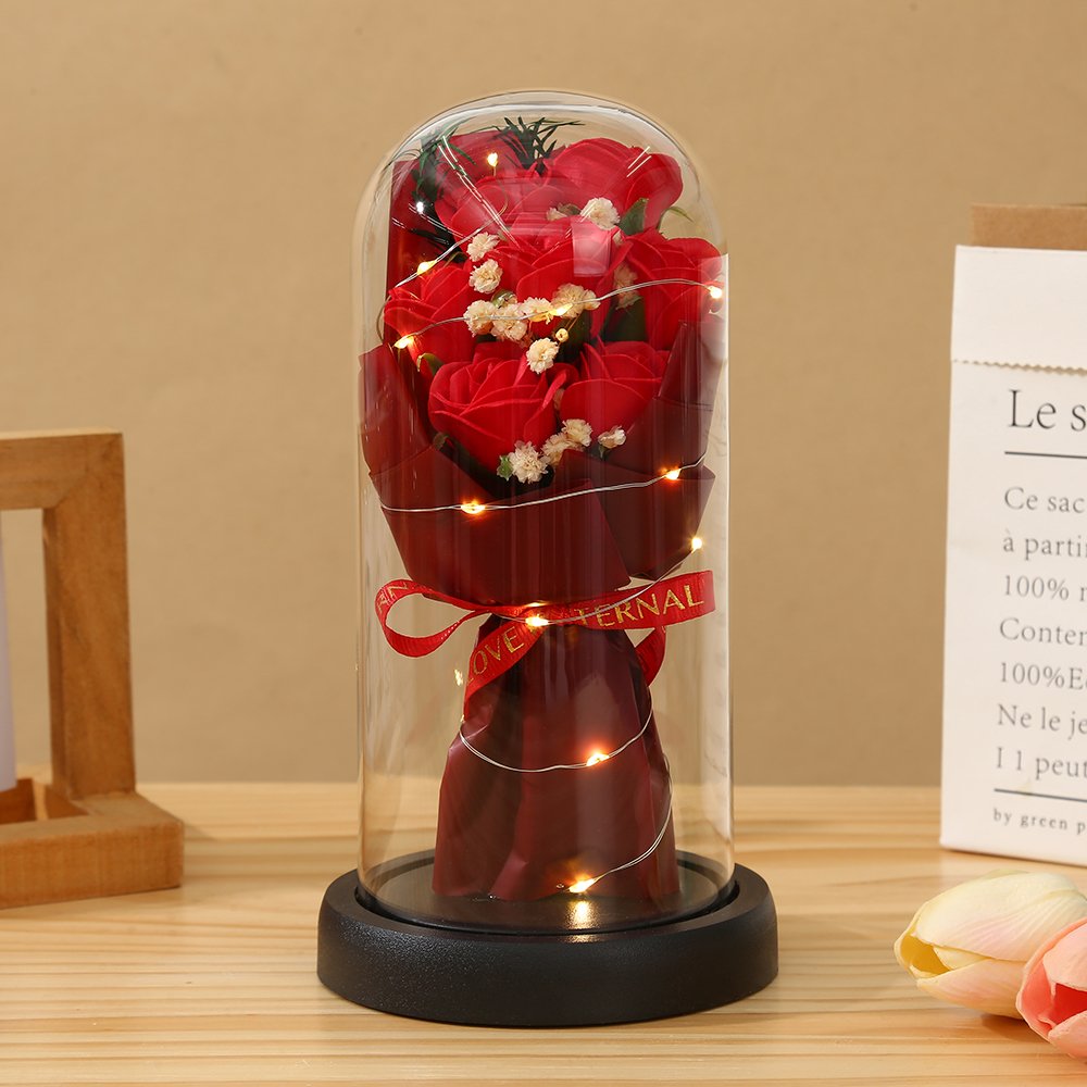 2024 New Eternal Flower Fat Soap Flower Glass Dome Acrylic Dome Bell with LED Light