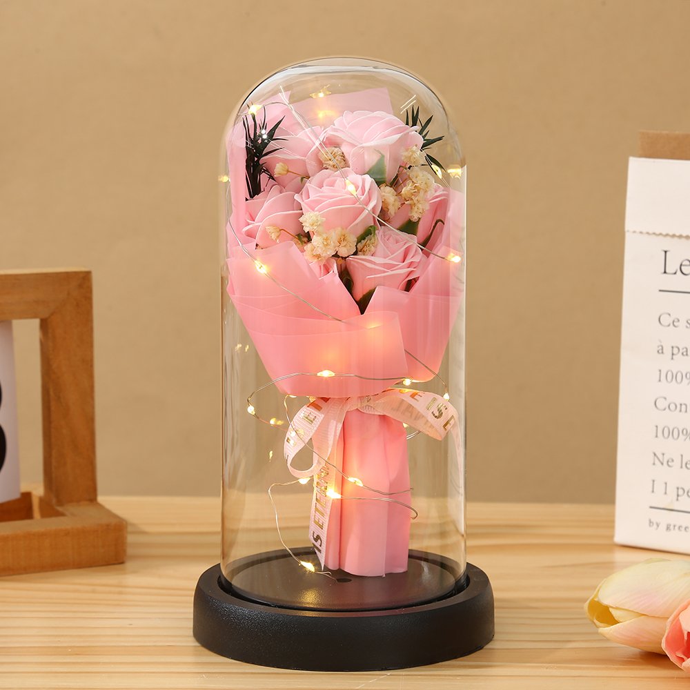 2024 New Eternal Flower Fat Soap Flower Glass Dome Acrylic Dome Bell with LED Light
