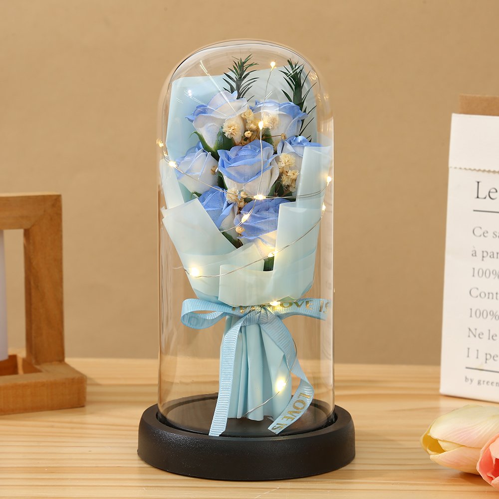 2024 New Eternal Flower Fat Soap Flower Glass Dome Acrylic Dome Bell with LED Light