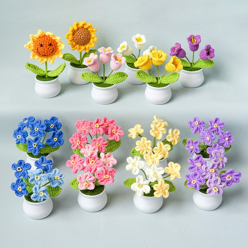 CIVI Handmade Lily Potted Plant Knitted Artificial Wool Crochet Sunflower Bouquet Home Graduation Christmas