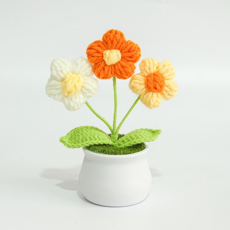 CIVI Handmade Lily Potted Plant Knitted Artificial Wool Crochet Sunflower Bouquet Home Graduation Christmas