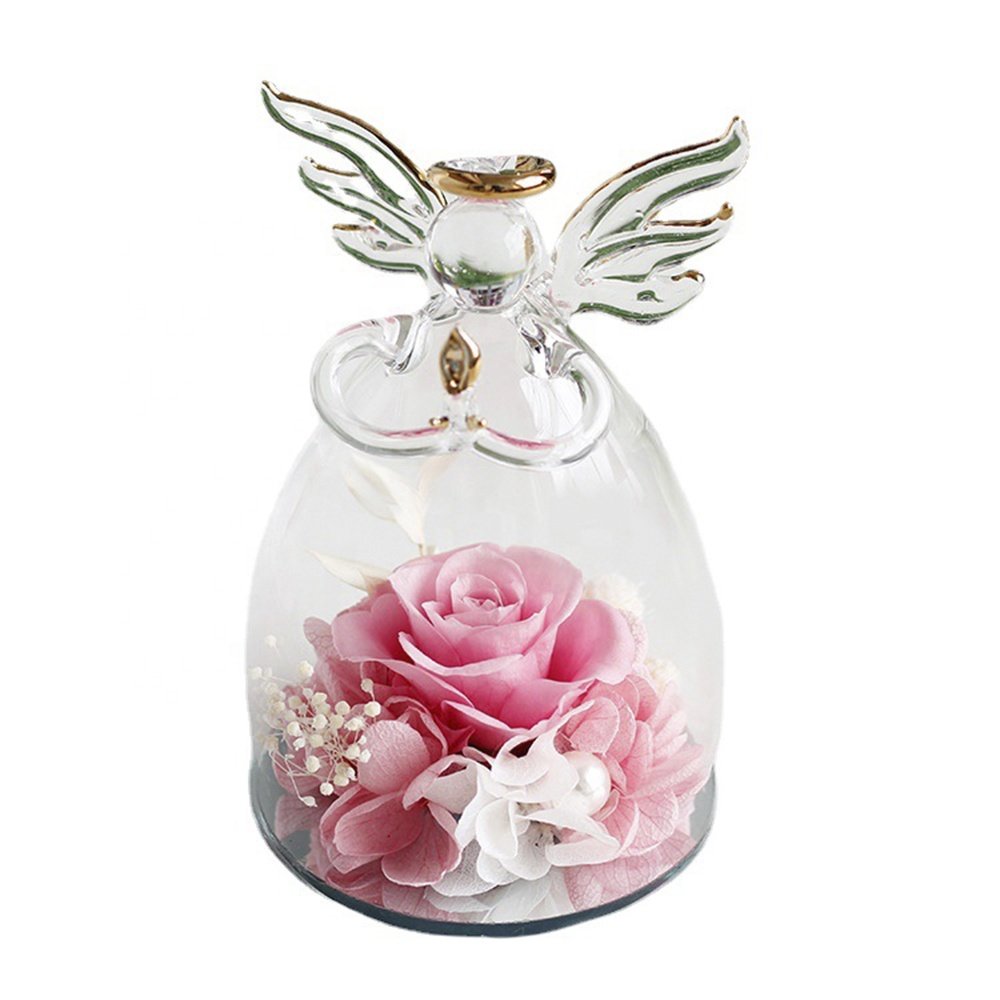 INUNION Preserved Flower Real Eternal Rose in Angel Glass Dome for Women Mom Wife Anniversary Christmas Birthday Mothers Day