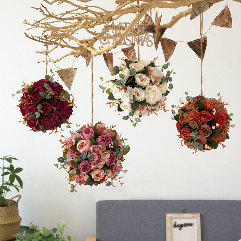 BetterLove Artificial Silk Hanging Rose ball for Christmas Wall Decor Wedding and Home Garden Box Packed