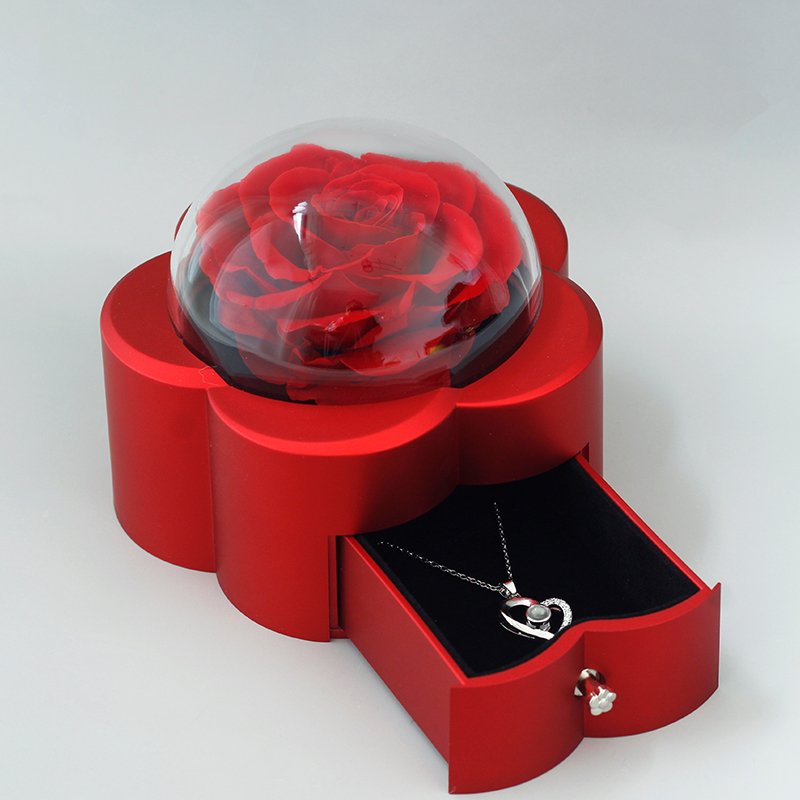 New Product Valentines Mother Day Gift Preserved Roses in Box preserved flower dome jewelry box With Necklace Gift