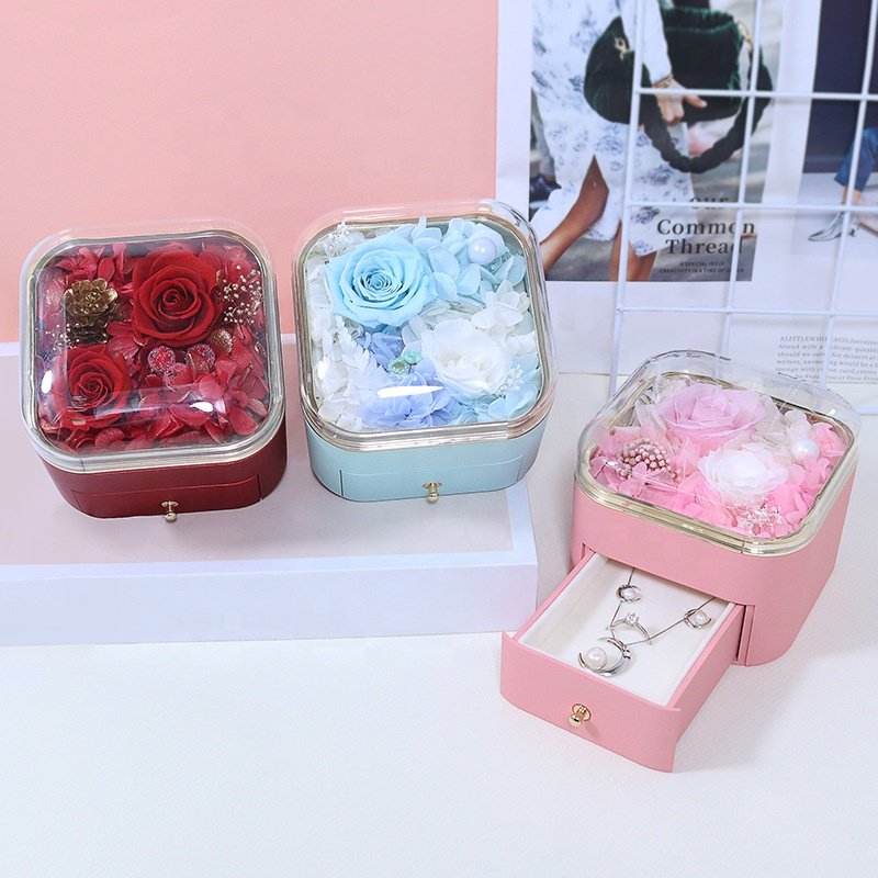 Amazon Luxury Acrylic Window Necklace Ring Drawer Box Eternal Flower Moss Valentines Mothers Day Gift Preserved Rose Jewelry Box