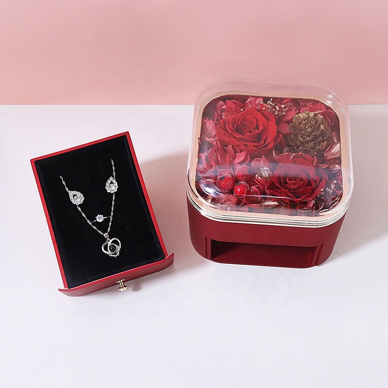 Amazon Luxury Acrylic Window Necklace Ring Drawer Box Eternal Flower Moss Valentines Mothers Day Gift Preserved Rose Jewelry Box