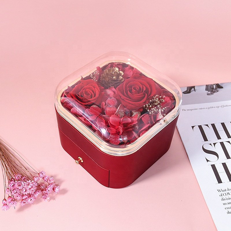 Amazon Luxury Acrylic Window Necklace Ring Drawer Box Eternal Flower Moss Valentines Mothers Day Gift Preserved Rose Jewelry Box