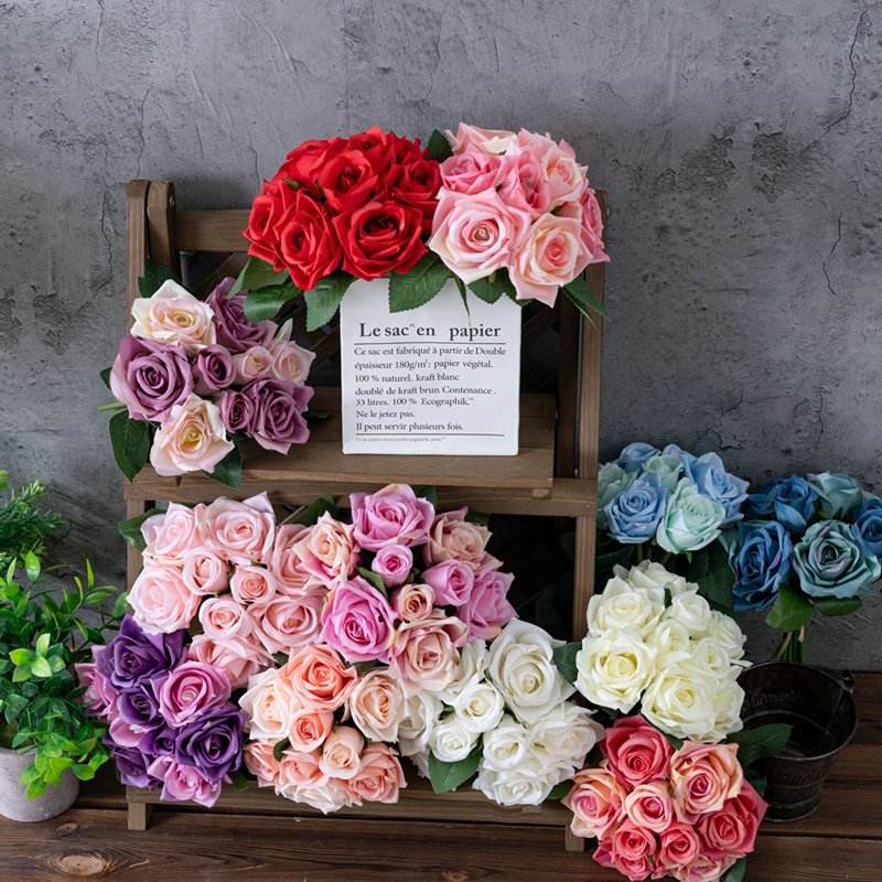 GF12504 Wholesale Artificial Flower Bouquet 9Heads Red Rose For Wedding Decoration