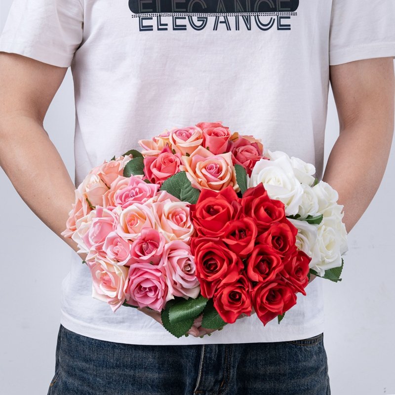 GF12504 Wholesale Artificial Flower Bouquet 9Heads Red Rose For Wedding Decoration