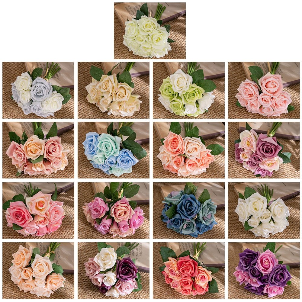 GF12504 Wholesale Artificial Flower Bouquet 9Heads Red Rose For Wedding Decoration