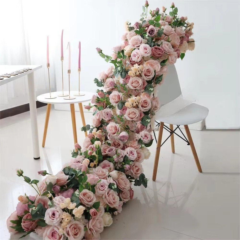 Hot Selling Heart Rose Flower Arch Decoration Vines Garland Silk Flower Garland Table Customizable Wedding Party Flower Runner