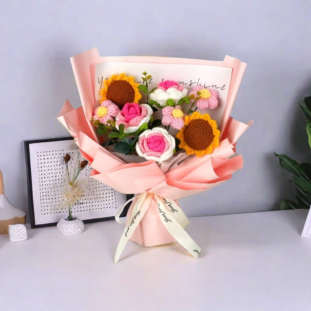 Knitting Yarn Tulip Rose Puffs Woven Artificial Preserved Flower Knitted Crochet Flower Bouquet Valentine Mothers Day Gifts 2024