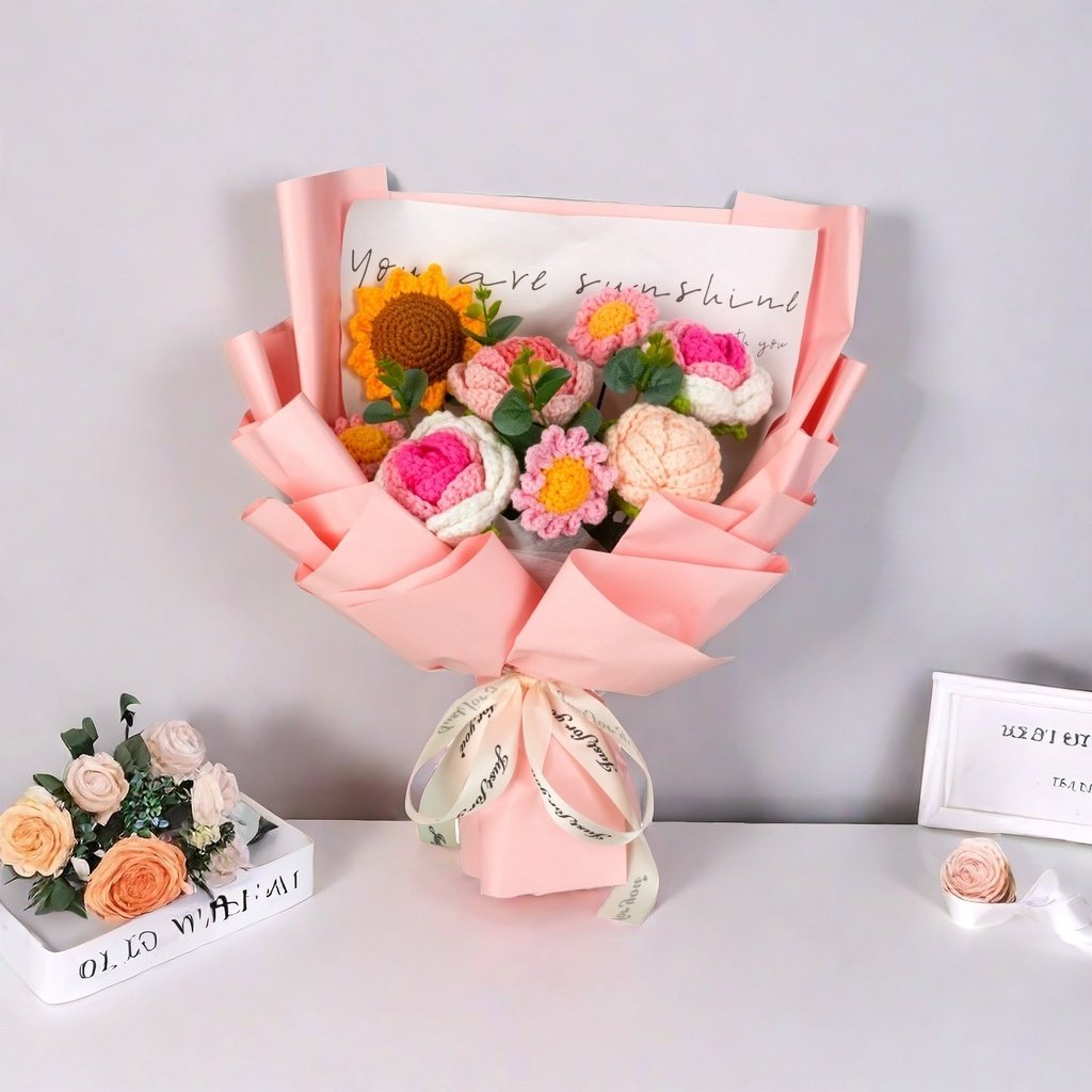 Knitting Yarn Tulip Rose Puffs Woven Artificial Preserved Flower Knitted Crochet Flower Bouquet Valentine Mothers Day Gifts 2024