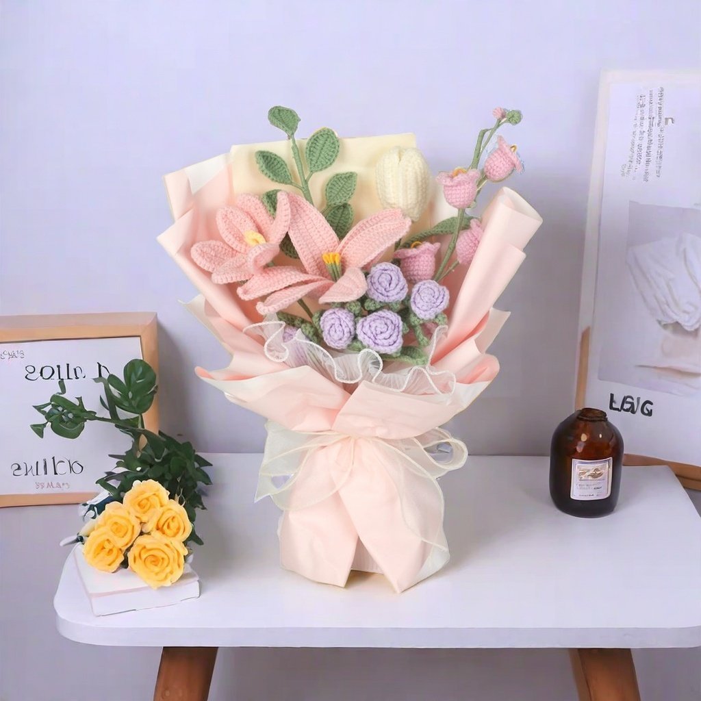 Knitting Yarn Tulip Rose Puffs Woven Artificial Preserved Flower Knitted Crochet Flower Bouquet Valentine Mothers Day Gifts 2024