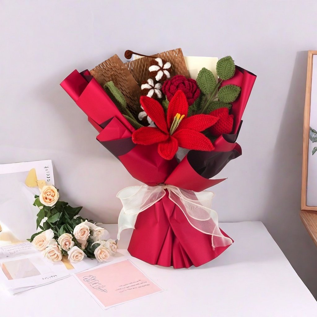 Knitting Yarn Tulip Rose Puffs Woven Artificial Preserved Flower Knitted Crochet Flower Bouquet Valentine Mothers Day Gifts 2024