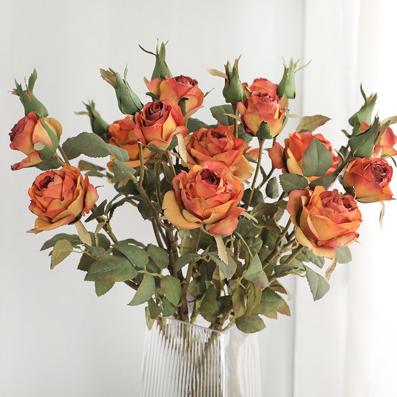 Hot selling 3 vintage burnt edge roses Artificial Flowers For Home Decoration