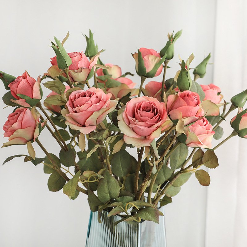 Hot selling 3 vintage burnt edge roses Artificial Flowers For Home Decoration
