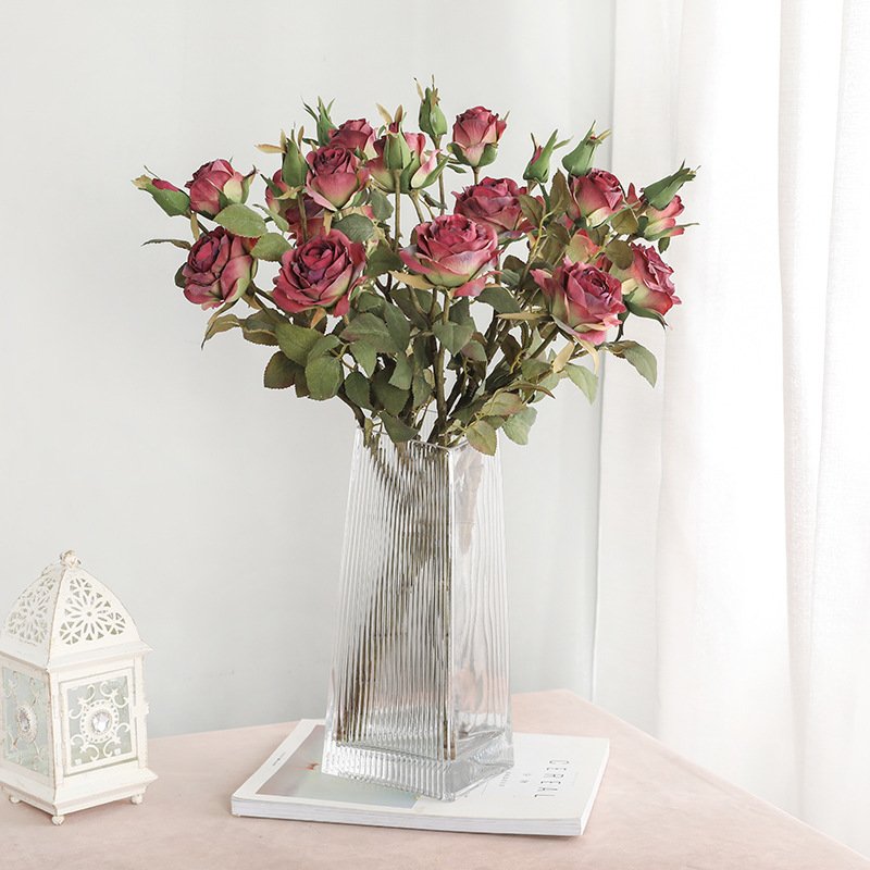 Hot selling 3 vintage burnt edge roses Artificial Flowers For Home Decoration