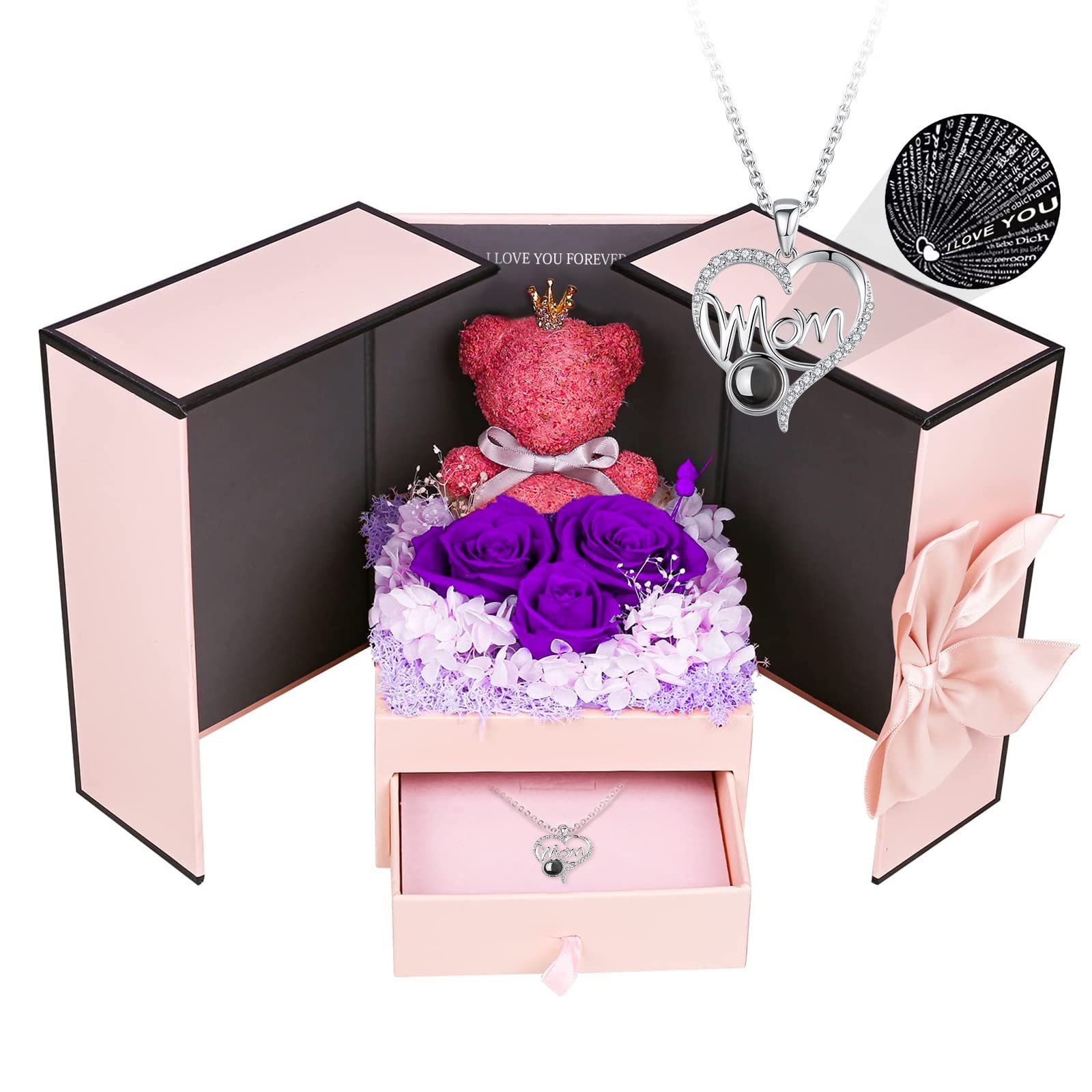 New Product Ideas 2024 Purple Forever Preserved Rose Moss Bear Jewelry Box Flowers Decorative Enchanted Eternity Rose