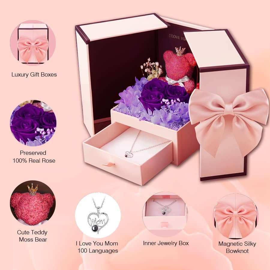 New Product Ideas 2024 Purple Forever Preserved Rose Moss Bear Jewelry Box Flowers Decorative Enchanted Eternity Rose