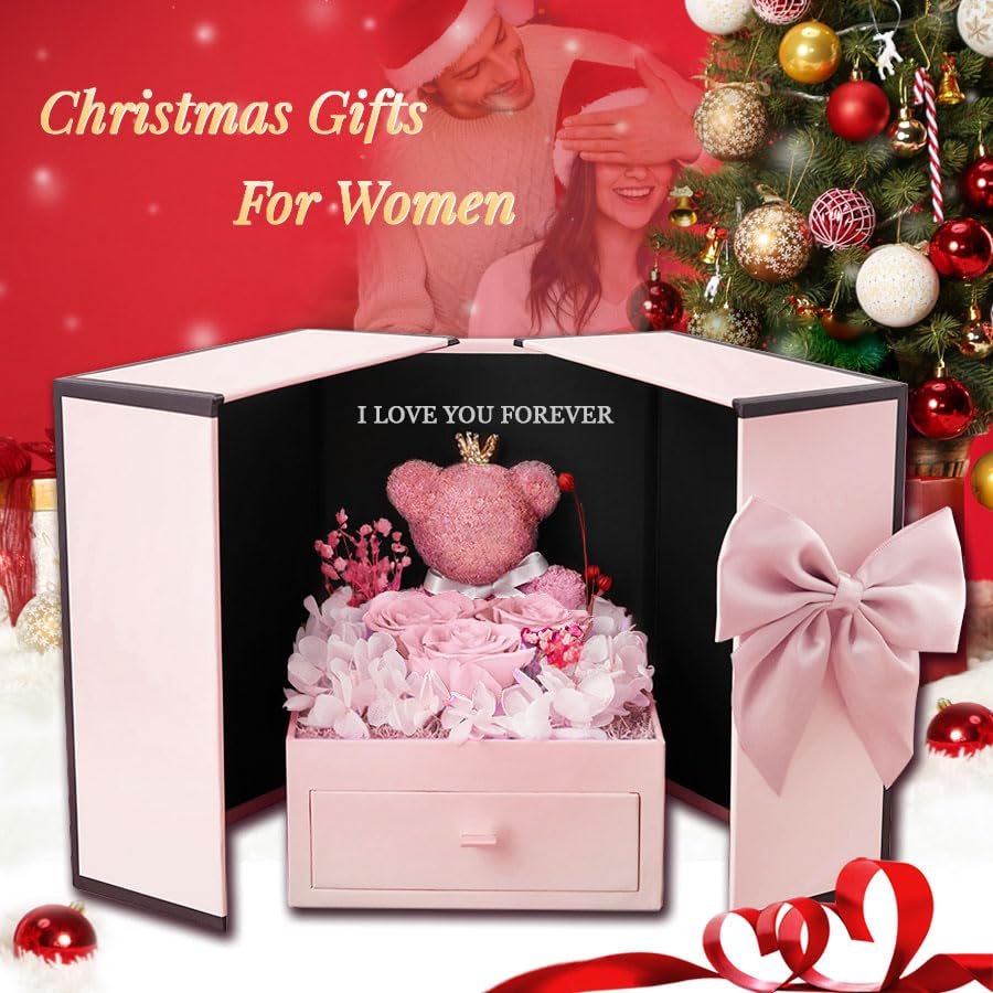 New Product Ideas 2024 Purple Forever Preserved Rose Moss Bear Jewelry Box Flowers Decorative Enchanted Eternity Rose