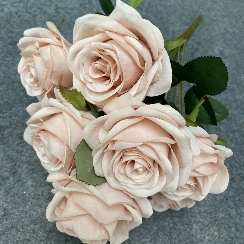 O-X083 Wholesale Price Silk Bridal Flowers 9 Heads Artificial Roses Bouquet Wedding Decor White Pink Roses Artificial Flowers