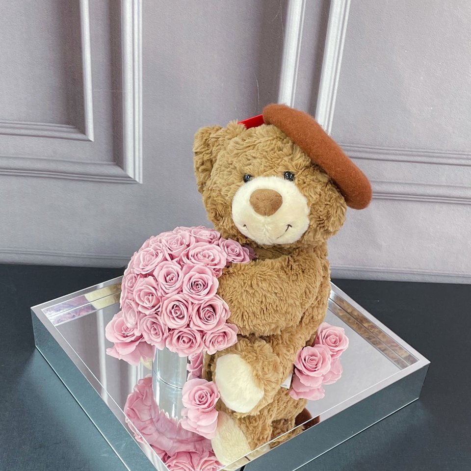 Valentines day gift Box Everlasting Eternal Immortal Long Lasting Rose preserved flower bouquet with bear in flower box
