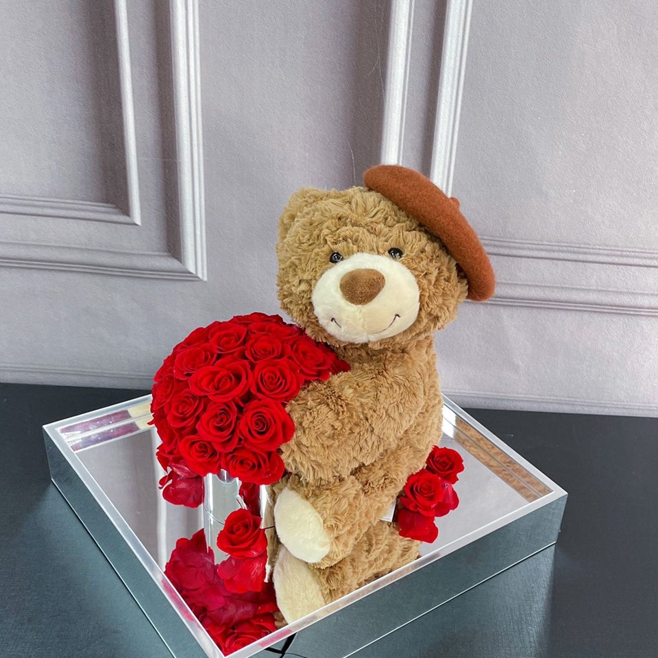 Valentines day gift Box Everlasting Eternal Immortal Long Lasting Rose preserved flower bouquet with bear in flower box