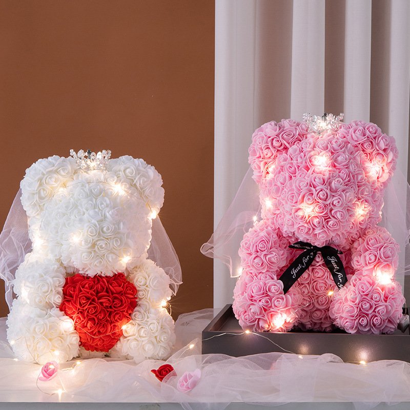 DIY 25Cm Teddy Rose Bear Artificial Pe Flower Bear Rose with Box Valentine's Day for Girlfriend Wife Mother's Day Gifts