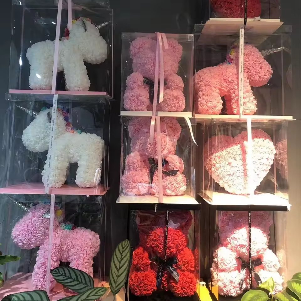 DIY 25Cm Teddy Rose Bear Artificial Pe Flower Bear Rose with Box Valentine's Day for Girlfriend Wife Mother's Day Gifts