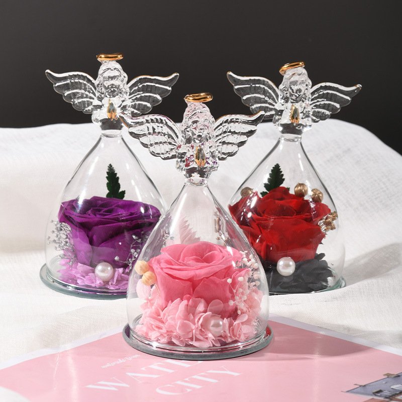Eternal Rose Little Angel Glass Cover Ornament Qixi Festival and Valentine's Day Gift-for Christmas New Year