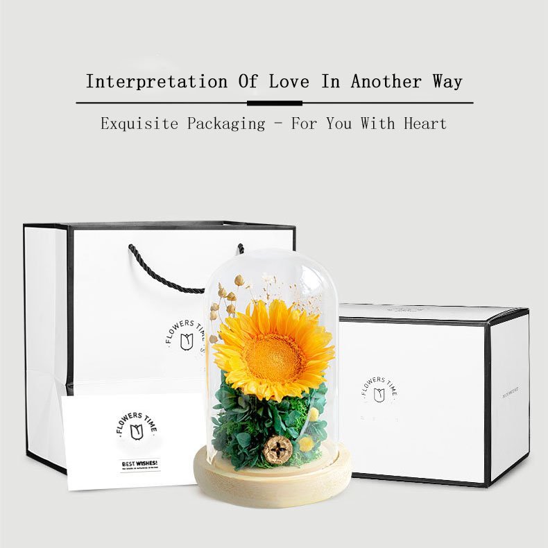 New Preserved Flower And Plants Eternal Sunflower In Gift Box For Anniversary Valentine's Day Preserved Sunflowers In Glass Dome