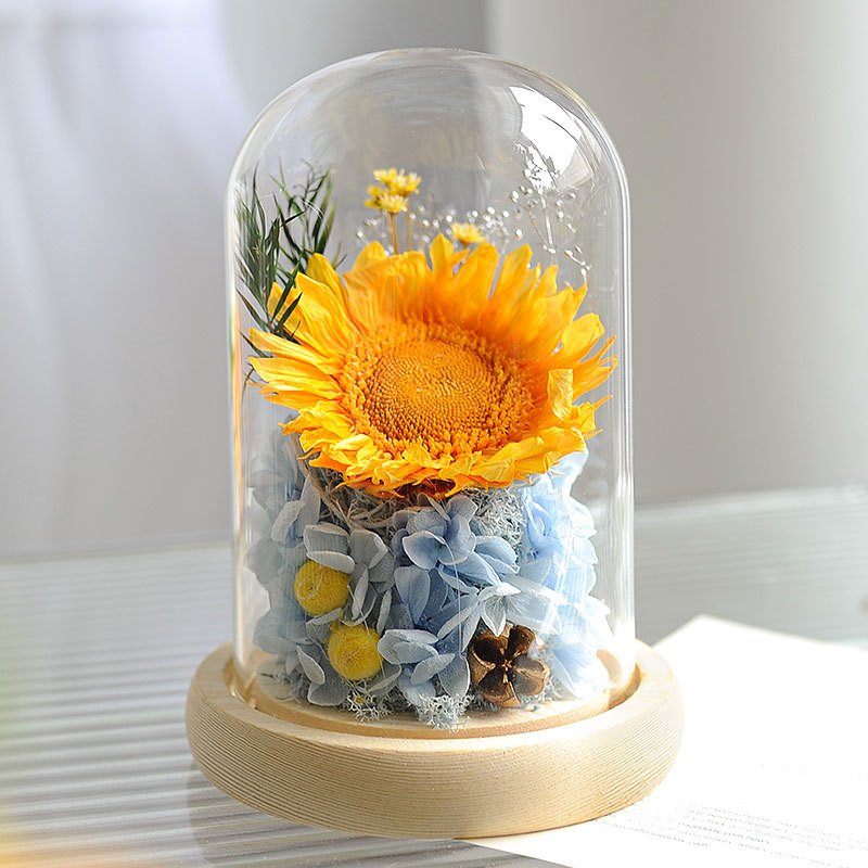 New Preserved Flower And Plants Eternal Sunflower In Gift Box For Anniversary Valentine's Day Preserved Sunflowers In Glass Dome