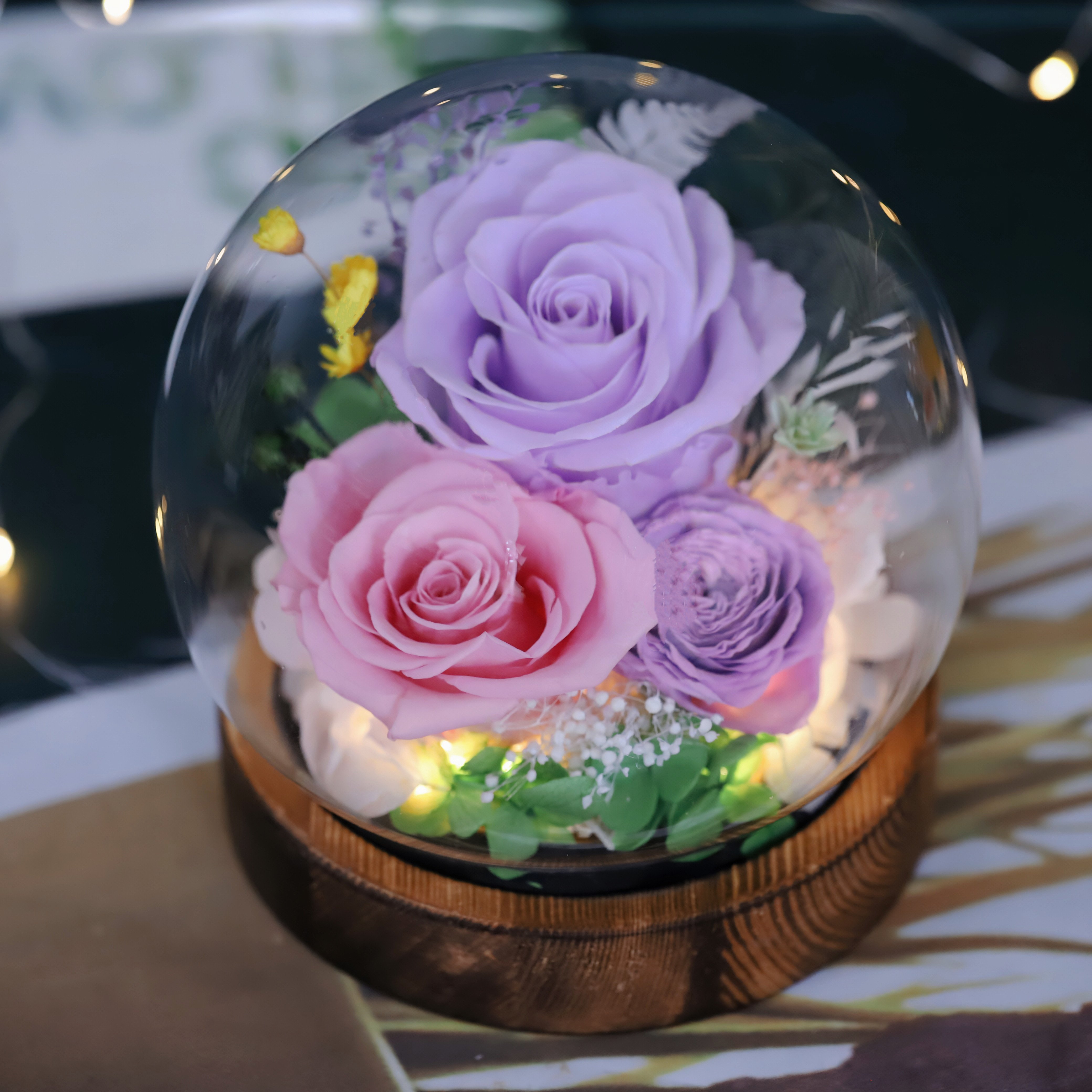 Christmas Day Chinese New Year Preserved Rose Gift Glass Cover Natural Everlasting Forever Flowers with LED Wholesale Sales